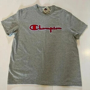 Champion Shirt Men's Gray Short Sleeve Crew Neck Cotton Textured Logo Sz XL